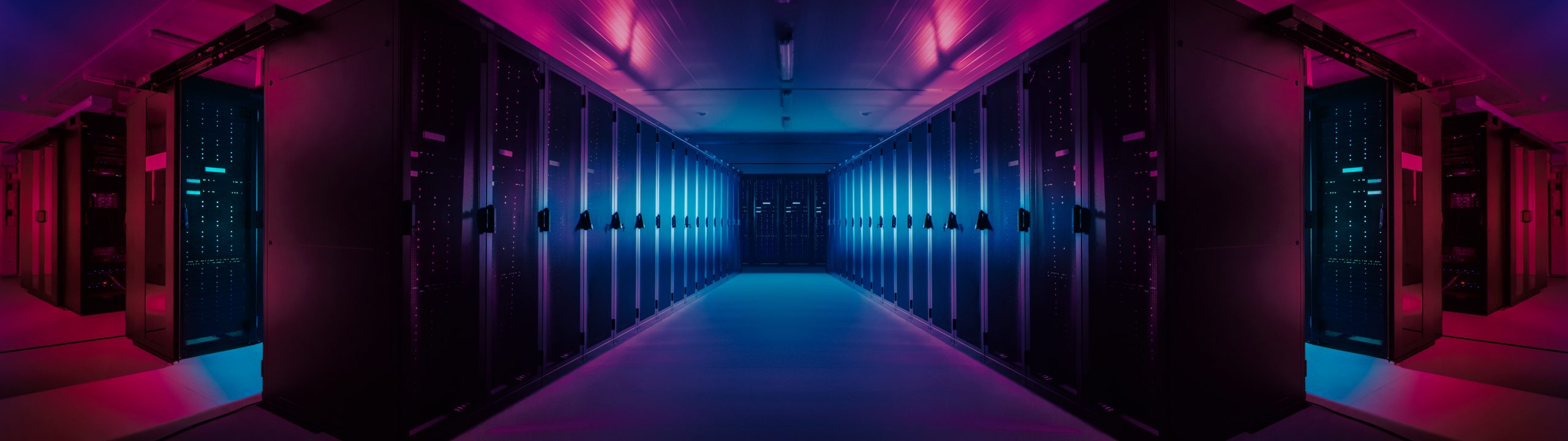 Wide-Angle Panorama Shot of a Working Data Center With Rows of Rack Servers. Red Emergency Led Lights Blinking and Computers are Working. Dark Ambient Light.
